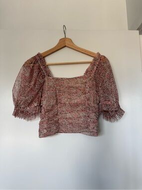 H&M Pink Sheer Floral Square-Neck Puff Sleeve Top
